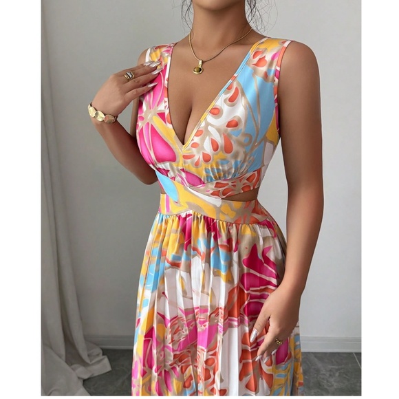 Boho Multicolor V neck Sleeveless Cut out Pleated Wide Leg Jumpsuit - Picture 2 of 5